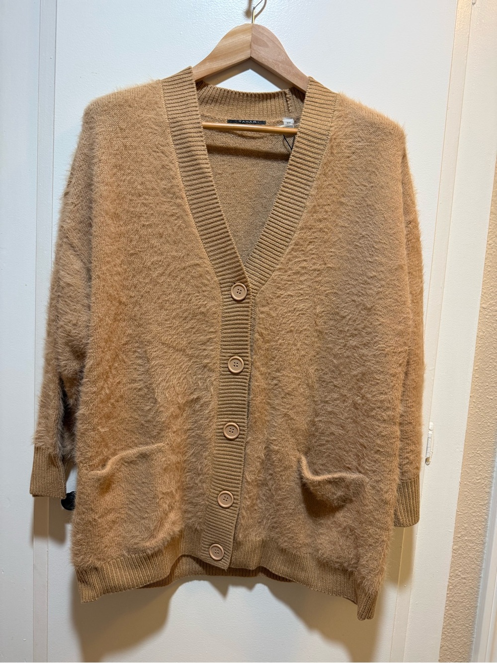 T Tahari Fuzzy V-Neck Button Cardigan in Camel Brown